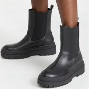 GOOD AMERICAN Black Leather Platform Chelsea Boot Bootie‎ Midi Lug Sole Size 8
